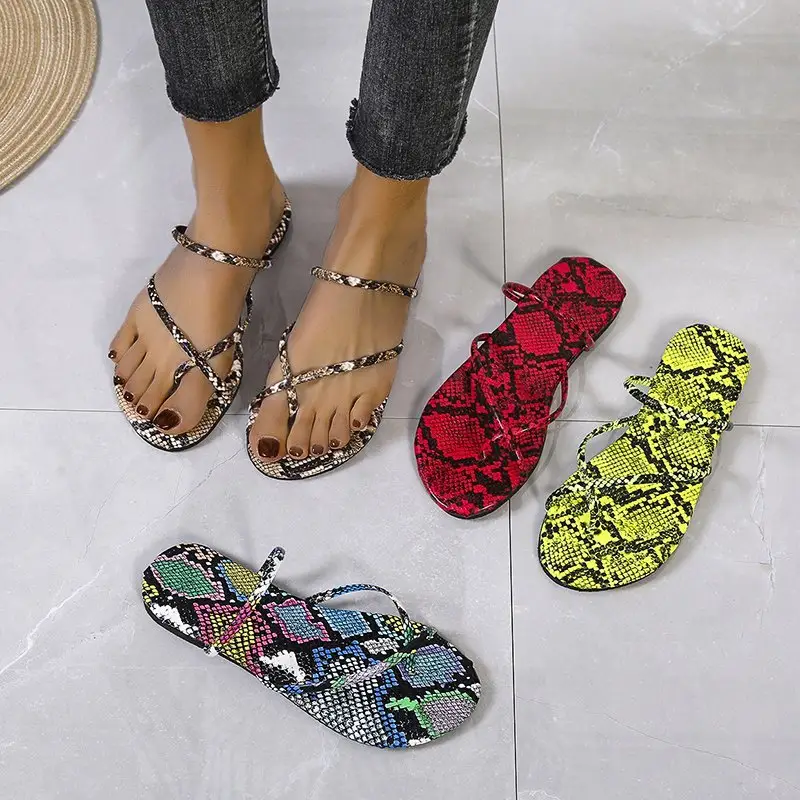 Zapatillas de verano para mujer, chanclas planas transpirables con patrón de serpiente, sandalias finas con correa, 2021