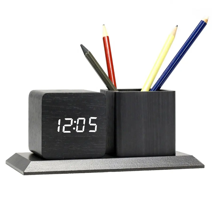 KH-WC009 Su Misura Multifunzionale Cubo Calendario Da Tavolo Ufficio Scrivania Del Desktop di Legno del Supporto Della Penna Con LED Digital Alarm Clock