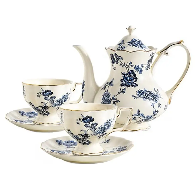 Set di 2 tazze da caffè e piattini in stile francese Set di teiere in porcellana fatta a mano con fiori blu inglese Set di tazze da caffè Set da tè regali