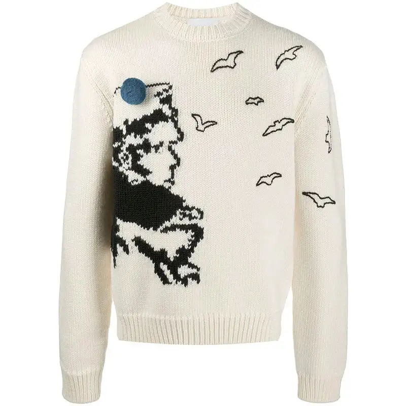 Produsen Sweater Cina Kustom Tebal Intarsia Pola Rajutan Jacquard Wol Sweater Pria Pullover Rajutan Sweater Jumper Mens