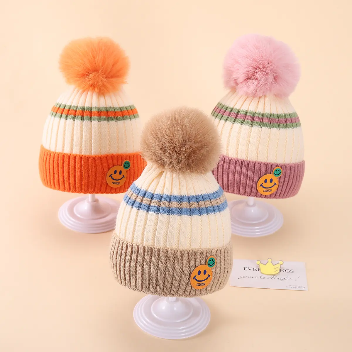 Nuevo gorro de punto cálido de invierno para niños a la moda, gorro de lana con cara sonriente de colores caramelo, Gorro con pompón, gorros de punto bonitos