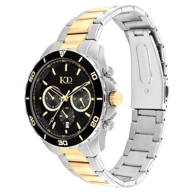 Luxuosos Two-Tone Chain-Link Strap Sports Watch Para Homens Aço Inoxidável Analógico Quartz Relógios Cronógrafo Com Data