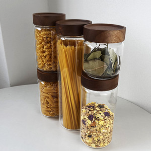 キッチンカウンター用450ml 750ml 1000ml 1300ml 1500mlキャニスターセット、透明な積み重ね可能な収納ガラス容器、アカシア蓋付きジャー - Product Image 4