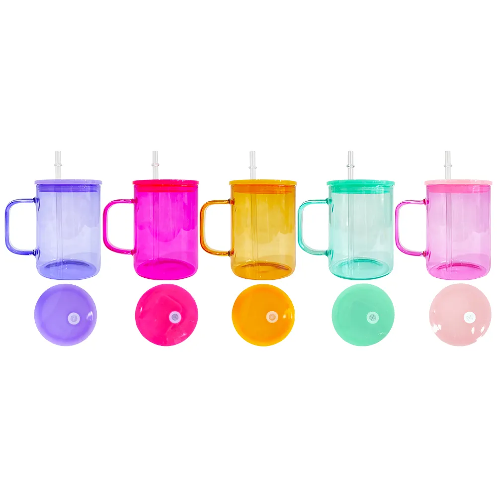 Taza de vidrio de color gelatina de chocolate caliente de 17oz lista para enviar con tapa de PP de color vidrio de borosilicato alto para transferencia por sublimación