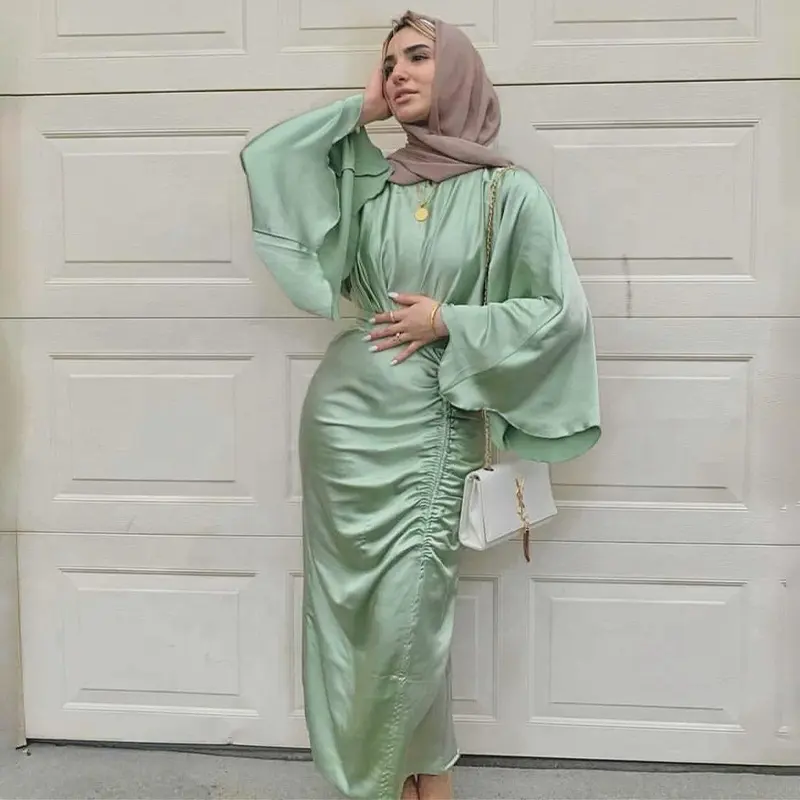 F224# Silk Solid Color Elegant Satin Fabric Abaya Maxi Dress Wholesale Dubai For Women Satin Skirt Muslim Dress