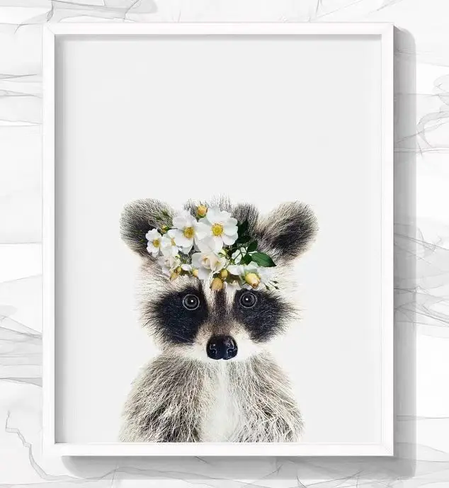 Pintura de animales de mapache con corona de flores para decoración de habitación de niños, póster de arte para guardería, bosque, mapache