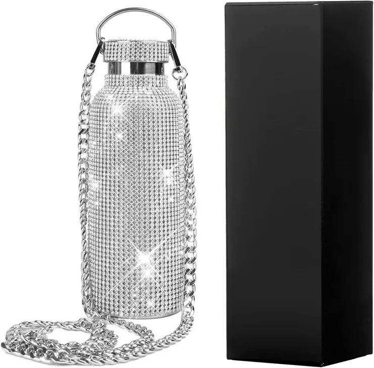 Diamant Bouteille D'eau Strass Bouteille D'eau Gobelet À Paillettes Thermique avec Chaîne Bling Tasses avec Couvercles Strass Gobelet