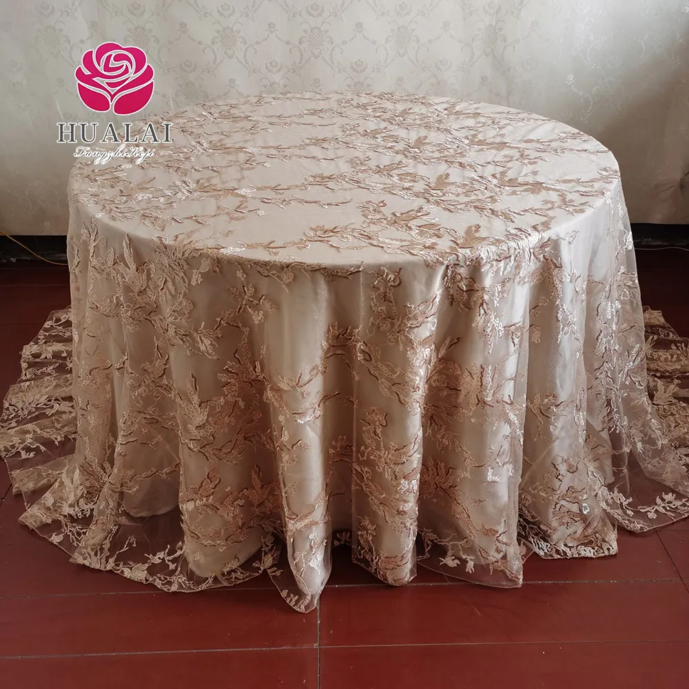 132"R and 90"*156" RECTANGLE Round CHAMPAGNE GOLD COLOR POLYESTER rosette on mesh Table Cloths Fabric for Wedding EVENT hotel