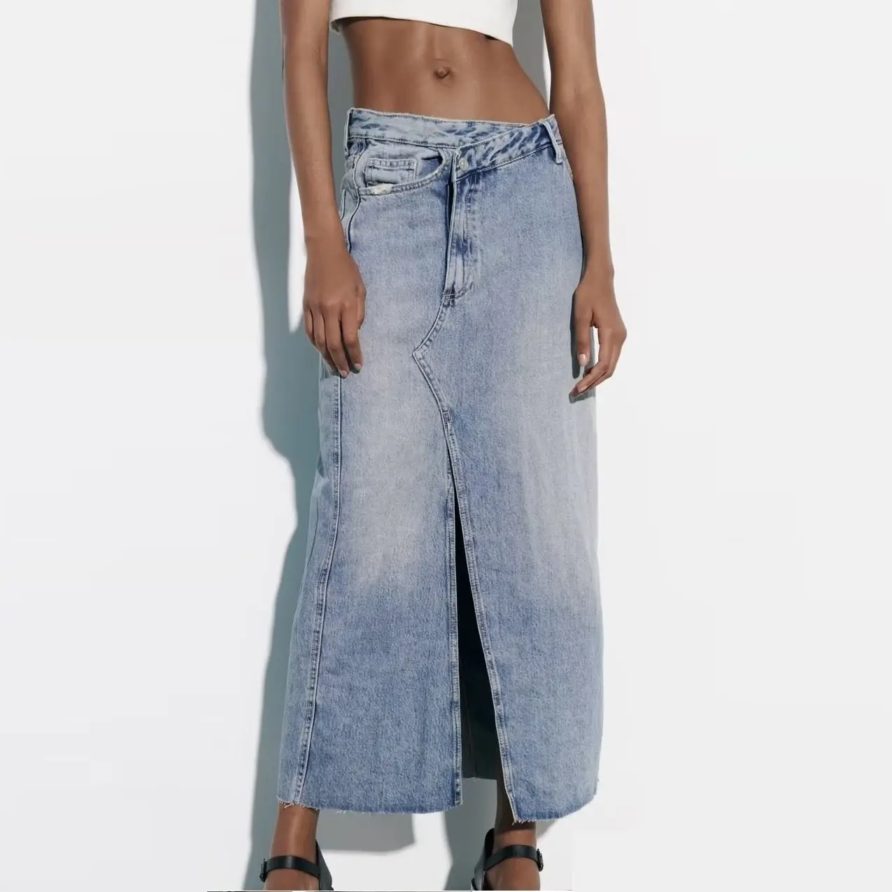Alta Qualidade Botão Irregular Diagonal Design Vintage Highwaist Denim Jeans Midi Split Saia para As Mulheres
