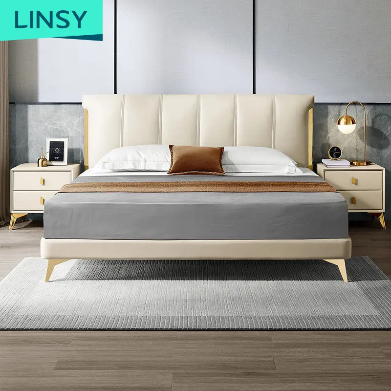 Linsy-Conjunto de muebles de dormitorio de lujo, marco blanco, tamaño King, camas modernas de cuero genuino R319