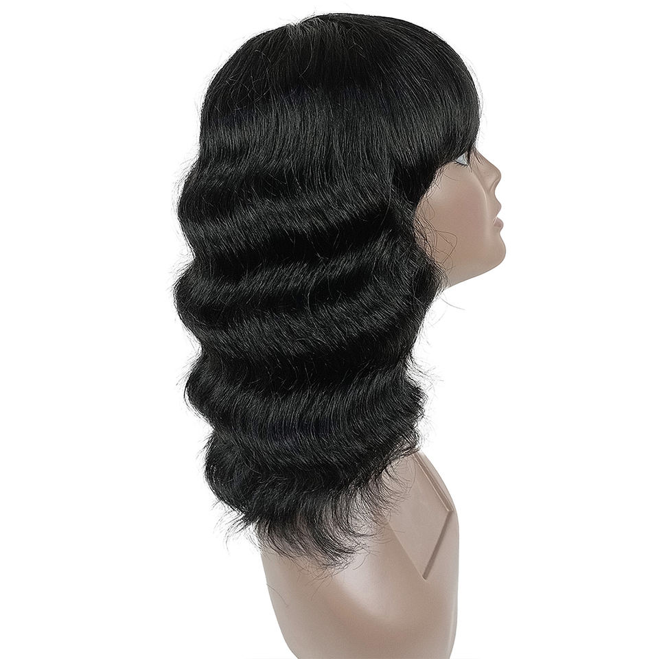Machine-Made 12-Inch Medium Length Lace Bob Bangs Loose Style Remy Brazilian Full Wig for Women Loose Wave Curly Wig