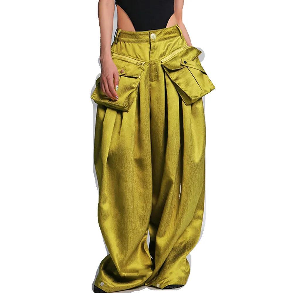 2023 nueva moda calle Retro recto suelto pantalones de gran tamaño señoras bolsillo cintura alta pantalones de pierna ancha