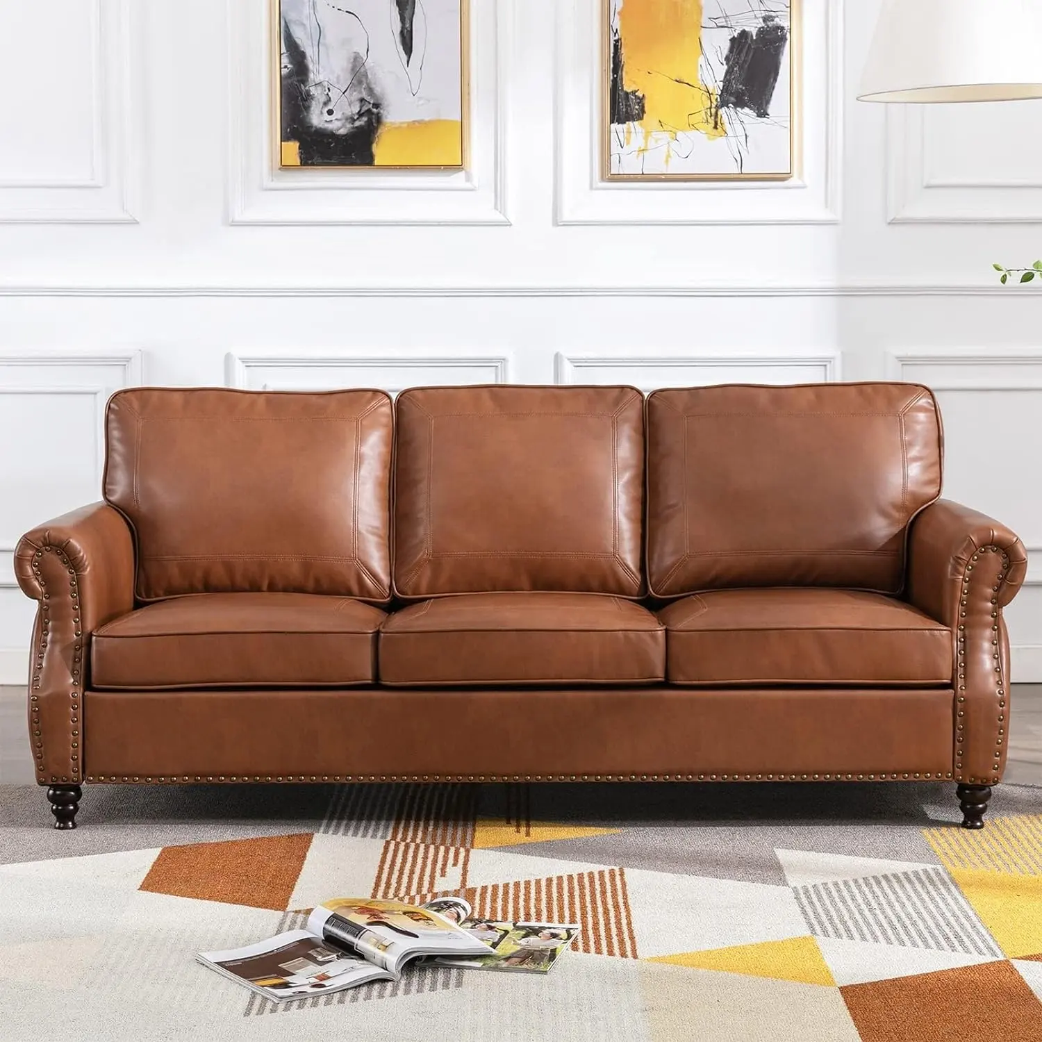Sofá clássico de 3 lugares com braços enrolados para sala de estar, quarto, hotel, sofá de couro sintético tradicional com acabamento de unha