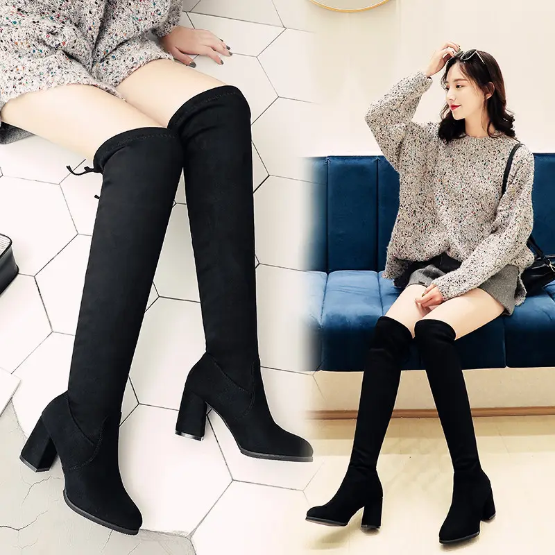 Nuevos botines cortos negros de otoño e invierno, zapatos de mujer de tacón alto grueso con gamuza de color sólido, botas de tacón cuadrado para mujer