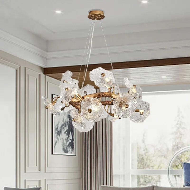 Modern lüks LED avize oturma odası dekoratif yemek odası cam Lotus yaprağı LED kolye lamba
