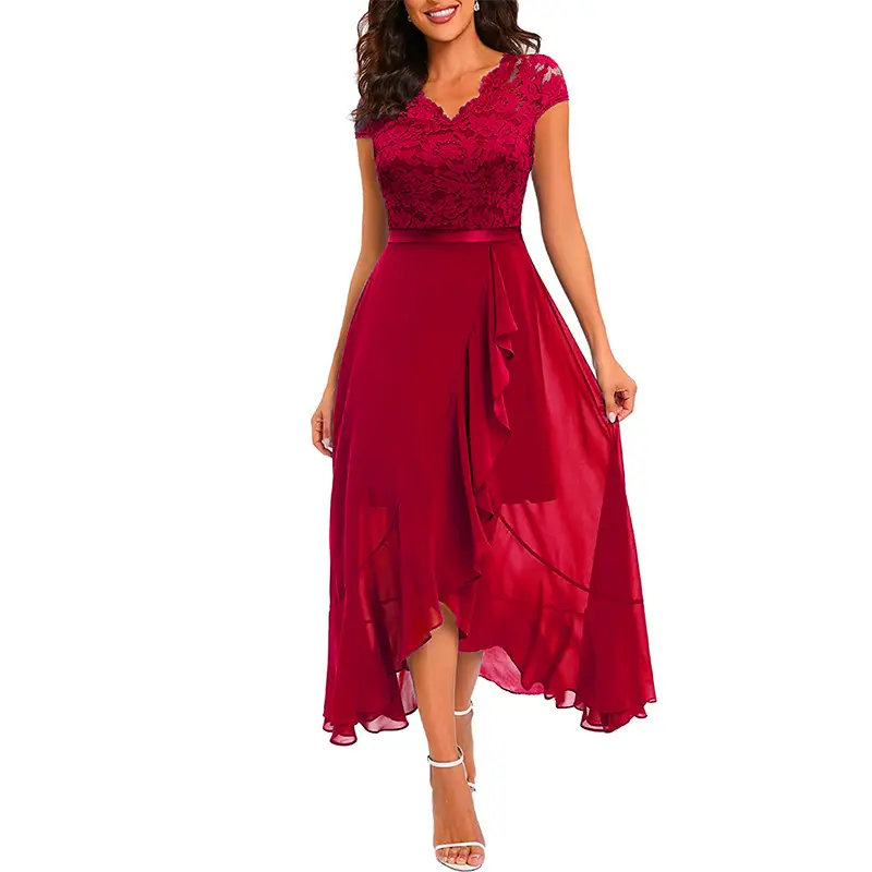 Gaun cocktail merah wanita mewah baru 2023 gaun panjang elegan formal kerah V tanpa lengan gaun pesta malam sederhana renda