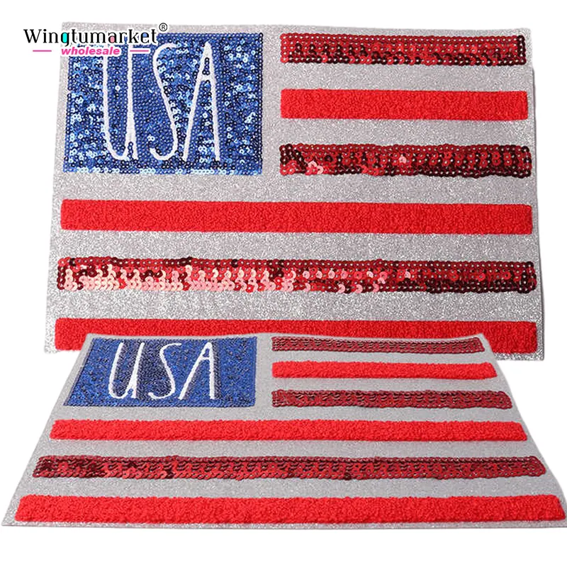 Grosir patch bendera USA besi pada chenille glitter payet kustom bordir untuk pakaian