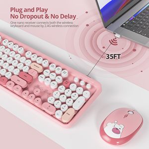 Combo de teclado y ratón inalámbricos, teclado inalámbrico Retro con teclas redondas, ratón de teclado inalámbrico bonito USB de tamaño completo de 2,4 GHz