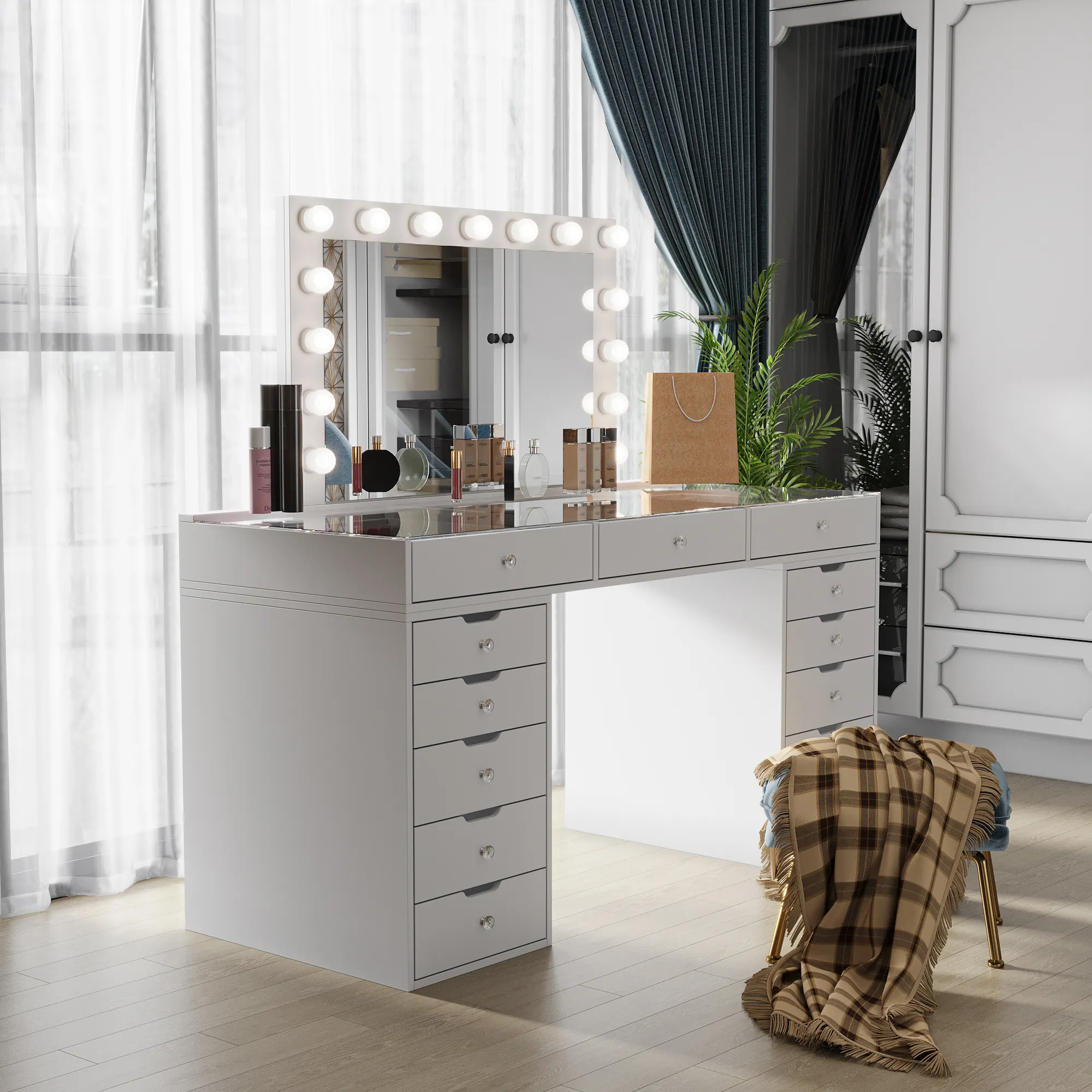 Coiffeuse Avec Miroir Vanity Coiffeuse Maquillage Vanités Commodes Miroir de courtoisie avec Lumières Tocador Chambre Meubles Blanc