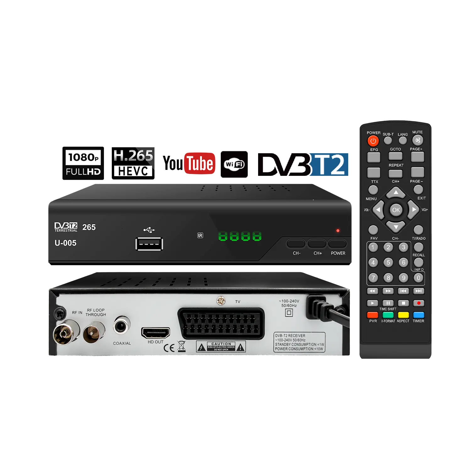 Junuo-decodificador Digital STB 1080P Full HD DVB-T2, receptor de TV H265, DVB T2, PVR, HEVC, U005