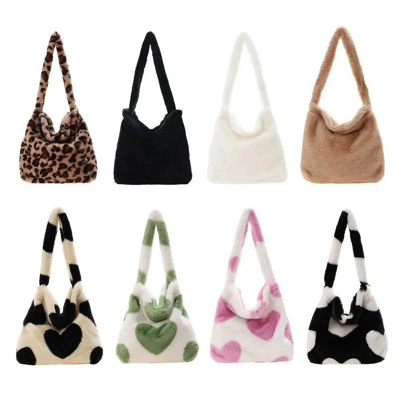Winter Love Heart Print Underarm Bags for Women Leopard Zebra Small Shoulder Bag Female Soft Plush Tote Bags