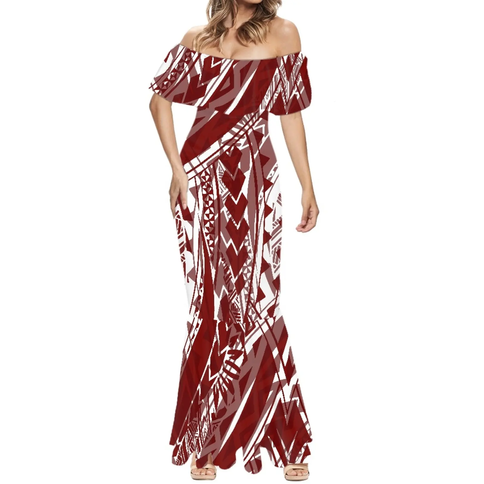 Produk Baru Pola Tradisi Suda Seksi dari Bahu Ramping Fit Maxi Gaun Fishtail Hawaii Tropical Fashion Wanita Mermaid Dres