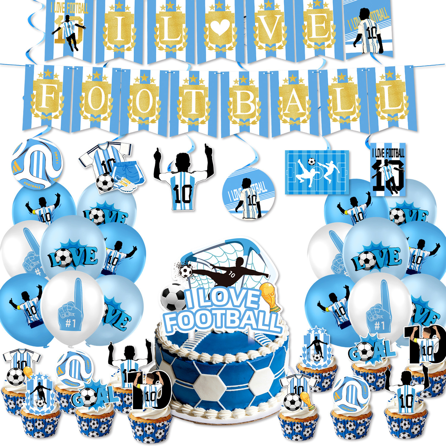 Set de 5 piezas: banderas de fila grande, globos de fila pequeña, Copa del Mundo Messi