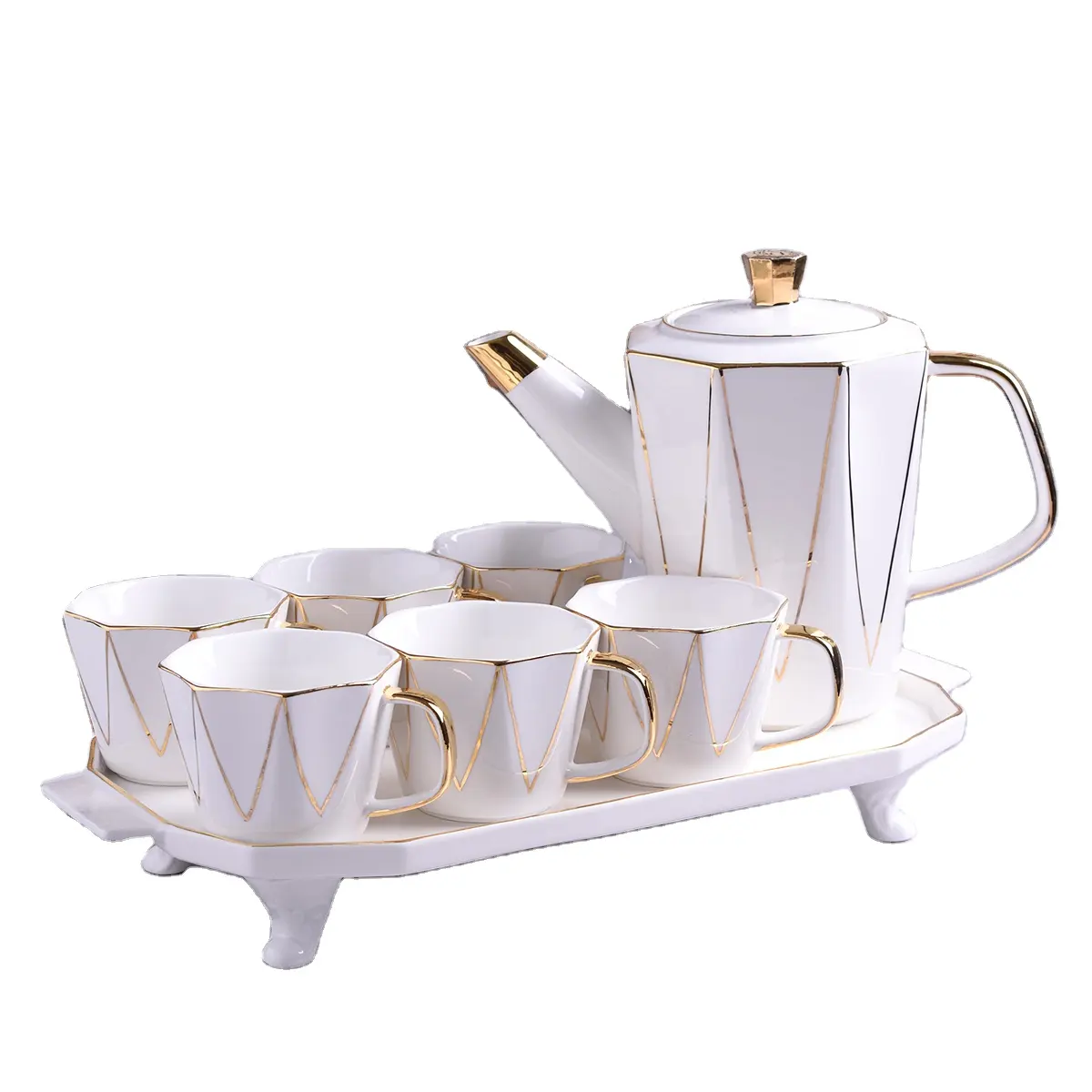Conjunto de chá de porcelana em 8 peças, conjunto de chá de café da porcelana com decoração dourada, bule de cerâmica e copo, chá turco