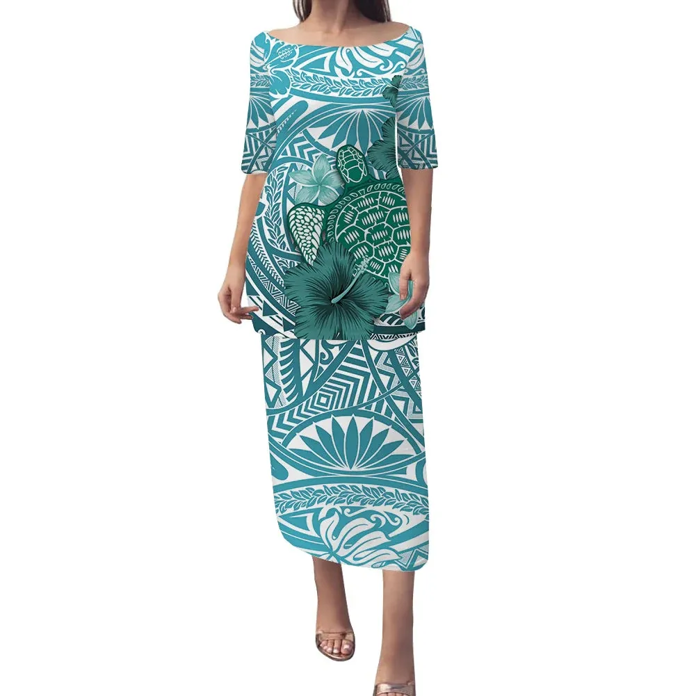 Polynesian Puletasi Dress Hibiscus With Sea Turtle Summer Clothes for Women Modest Half Sleeve Ladies Casual Bohemian Dresses