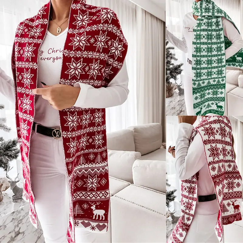 2021 Christmas Winter New Design USA Europe Women Scarf Christmas Elk Snowflake Double-faced Jacquard Knit Scarves