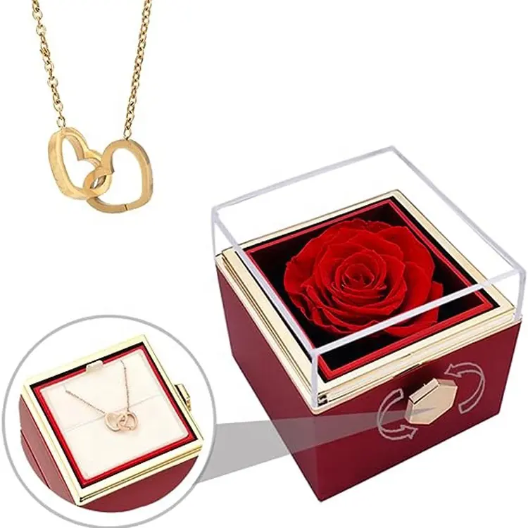 Nuove idee di prodotto 2024 fiori stabilizzati gioielli scatola di rose rotanti con collana a cuore per san valentino