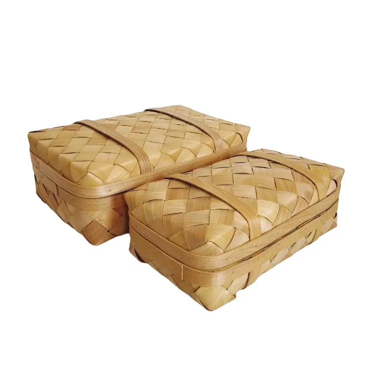 Caja de mimbre tejida hecha a mano, cesta de almacenamiento de madera de Chipwood de bambú con tapa, regalo, suministro de fábrica