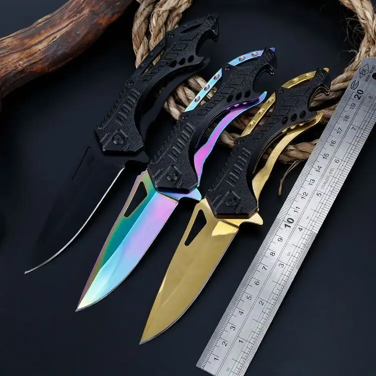 Yellow Rainbow Blade 3Cr13 Facas de caça Coloridas EDC Sobrevivência ao ar livre Tactical Pocket Clip Folding Knife Para Auto-defesa