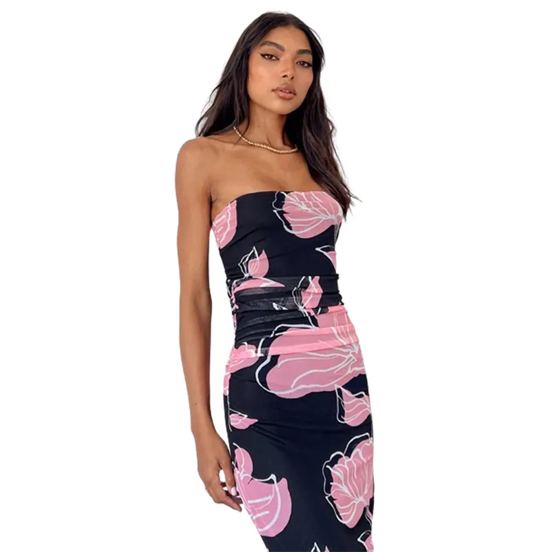 Moda elegante Sexy vacaciones negro Rosa impreso gasa tul tela sin tirantes sin mangas ajustado vestidos largos de mujer