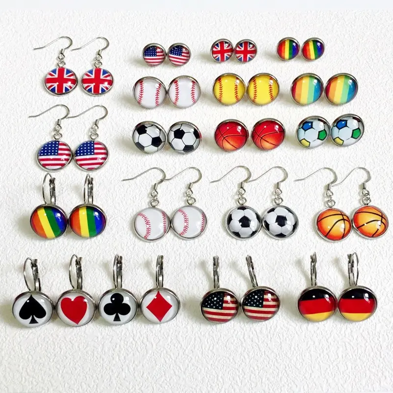 Fábrica de joyas al por mayor barato precio acrílico Reino Unido nos Alemania país bandera deporte baloncesto fútbol voleibol aretes para las mujeres