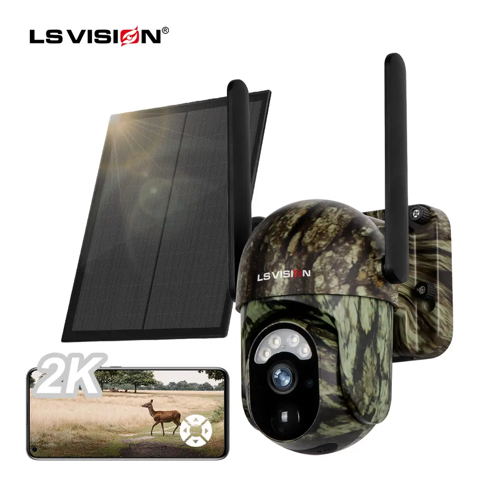 LS VISION Caméra de chasse sauvage 4G WIFI Lte Trail SIM Caméra de vision nocturne sans fil sans lueur pour la chasse Camouflage vert avec panneau solaire