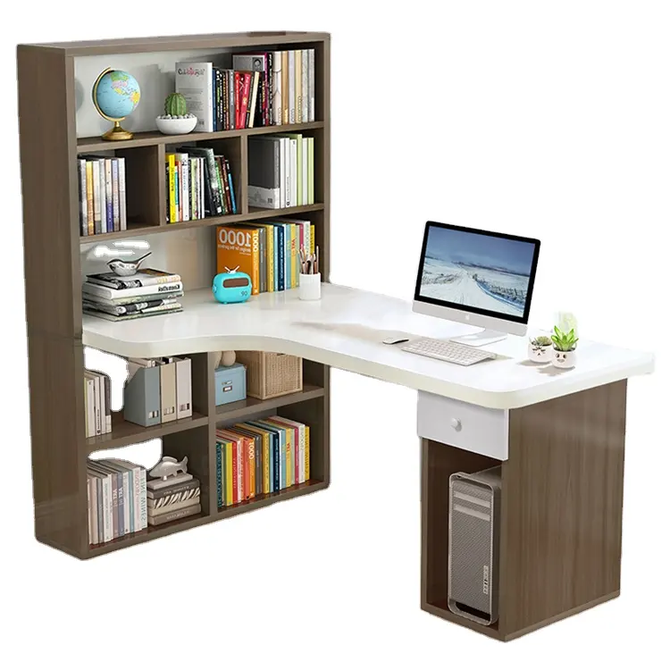 Escritorio grande de madera con estantería, escritorio de ordenador integrado para estudiantes, muebles de oficina, mesa de PC portátil multiusos