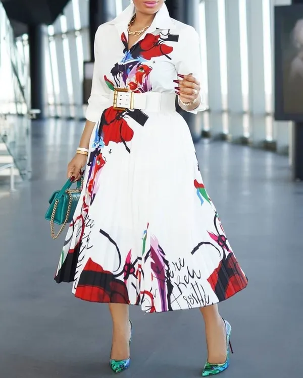 ชุดเดรสยาวสำหรับสาวออฟฟิศของผู้หญิง,เดรสทรงเอจีบลำลองผ้าชีฟองแขนยาวพิมพ์ลายดอกไม้แฟชั่นไซส์ใหญ่ปี3XL