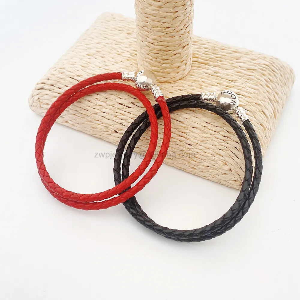 Vendita calda 925 Sterling Sliver Charms bracciale Fit Pan dora doppio nero/rosso bracciale in pelle intrecciata per gioielli moda donna