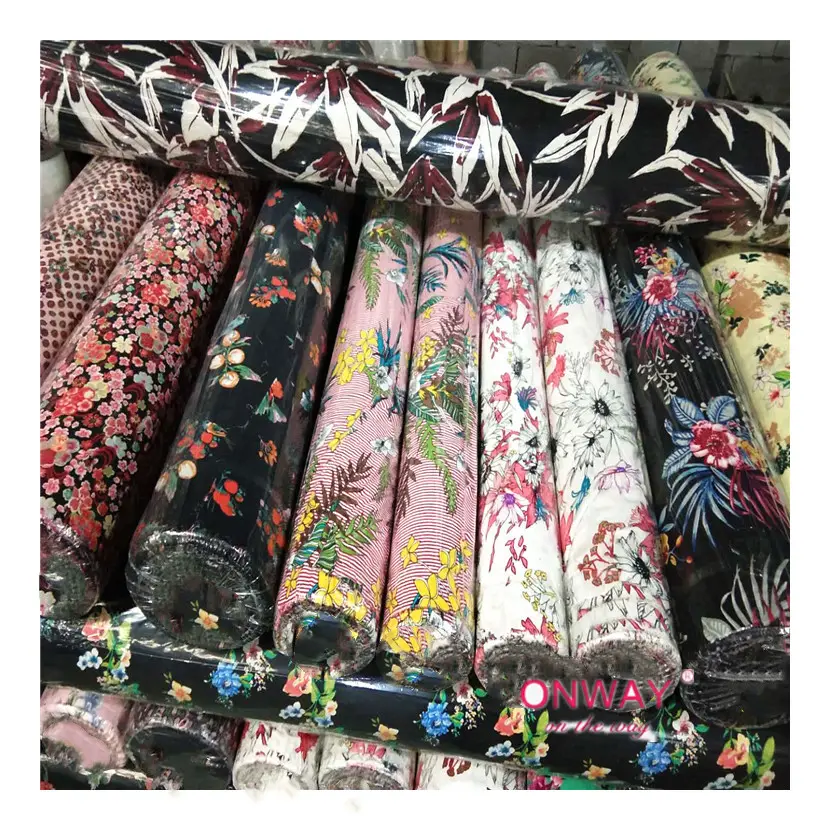 Shaoxing Onway ucuz fiyat polka dot çiçek tasarım baskılı şifon kumaş stok lot keten tarzı şifon kumaş elbise için