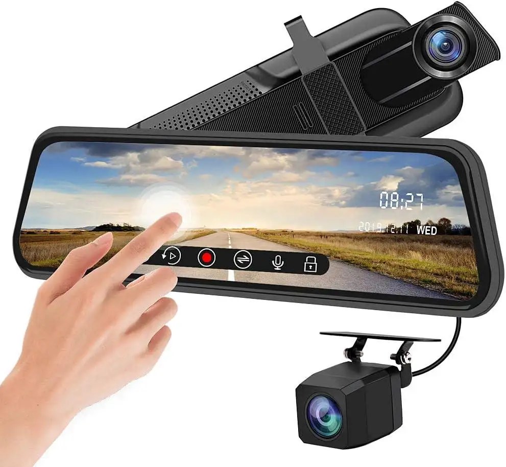 Full HD 1080P Visão Noturna Stream Media Dual Lens Câmera Do Carro 10 ''IPS Touch Screen Espelho Retrovisor Traço Cam Câmera Do Carro DVR