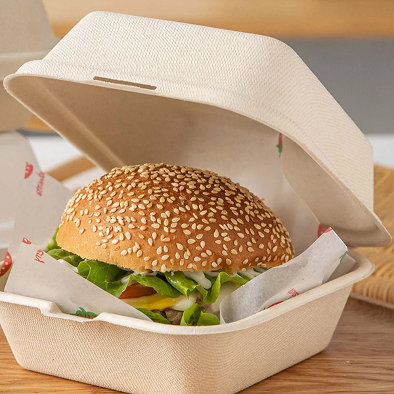 Caja Bento de pulpa de papel cuadrada desechable para hornear pasteles y hamburguesas