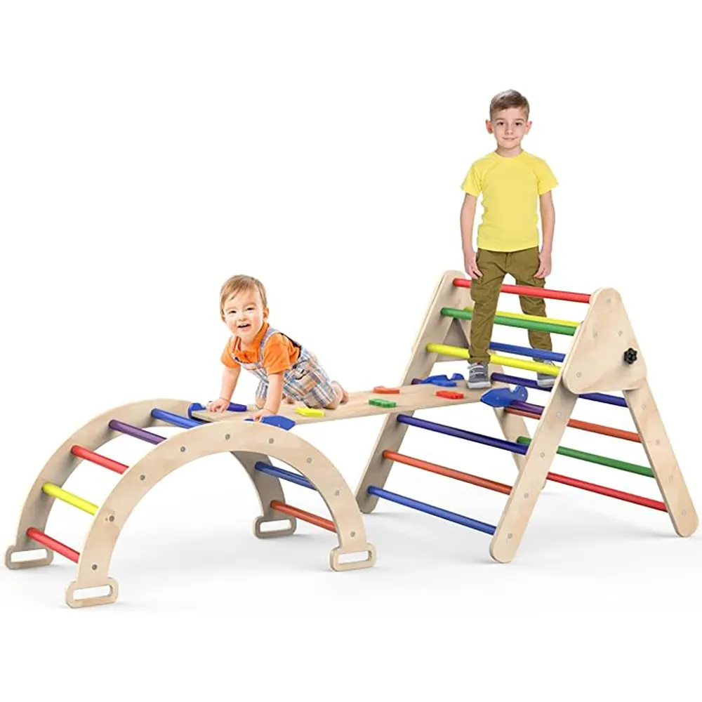 Ramp Montessori Climbing Toddler Toy 3 in 1 Foldable Indoor Wooden Climbing Frame Rainbow Wood Triangle monkey bar Climber Set