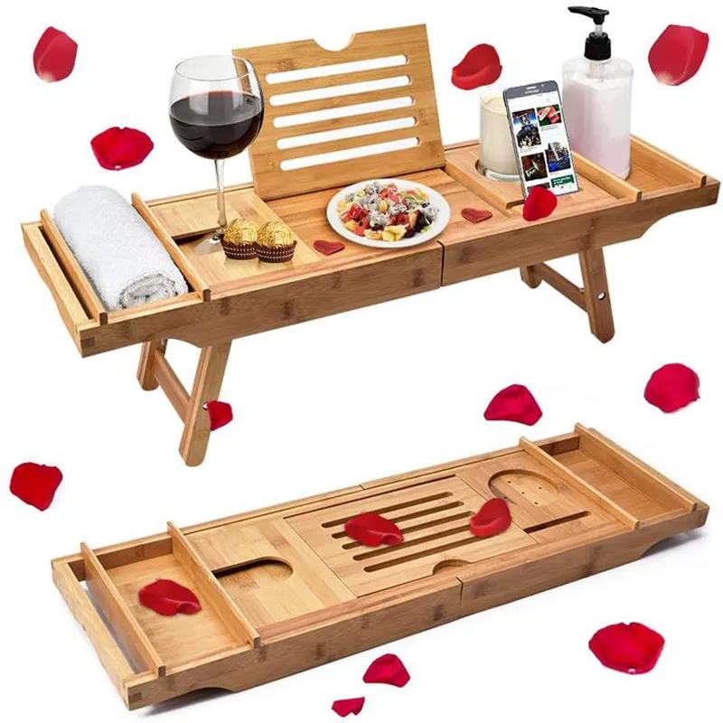 Doğal lüks genişletilebilir banyo raf yatak hizmet masa bambu küvet Caddy tepsi ile katlanabilir bacaklar küvet Caddy dizüstü yatak masası