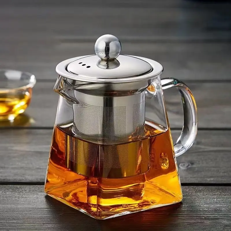 Vendite calde fondo quadrato di vetro teiera fiore tè chiaro teiera vetro borosilicato con iniettore in acciaio inox
