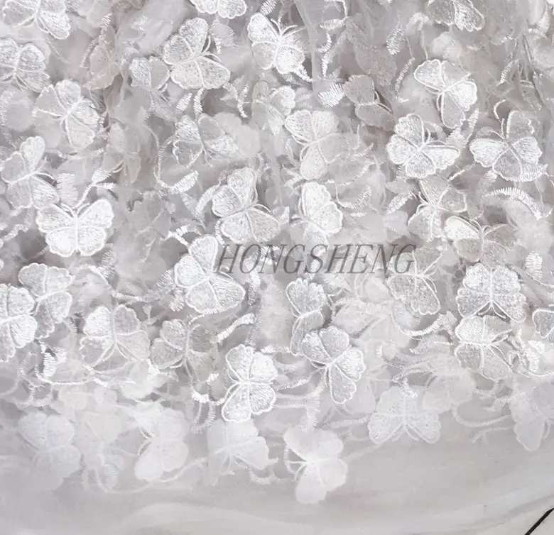 DELACE-tela de encaje 3D para vestido de novia, tejido blanco con bordado de mariposa