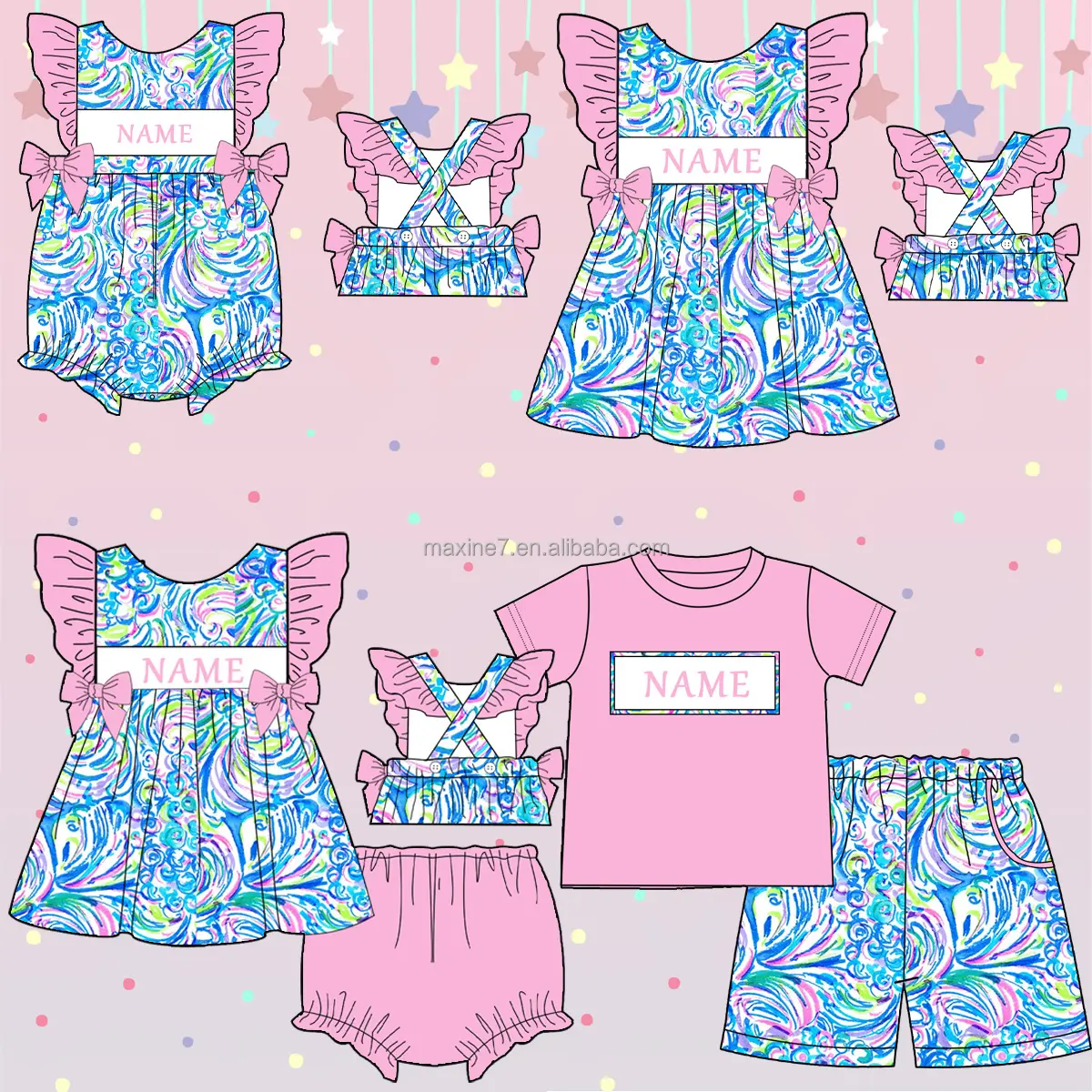 Ropa de niños de alta calidad nombre personalizado dos piezas Niña trajes lindo impreso boutique verano niñas conjuntos