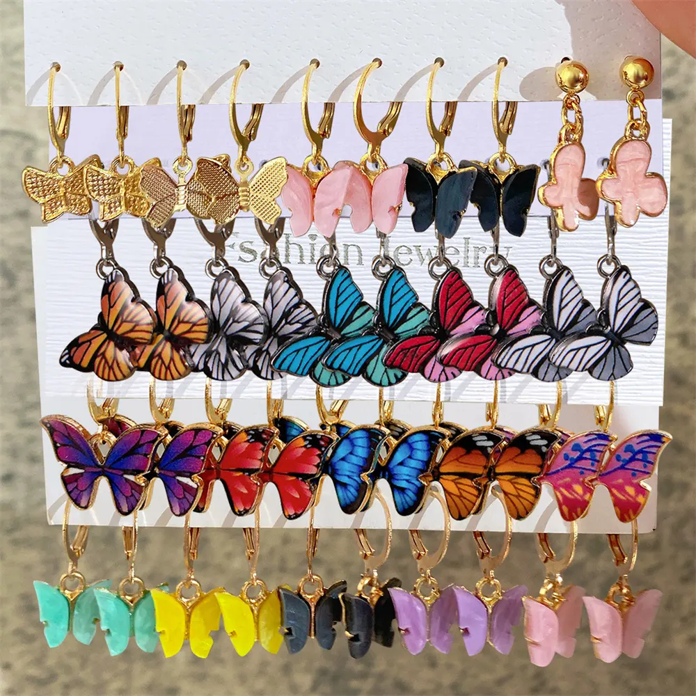 10 unids/set gota aceite colorido mariposa pendientes colgantes conjunto para mujer Vintage Metal chapado en oro corazón aro pendiente joyería de moda