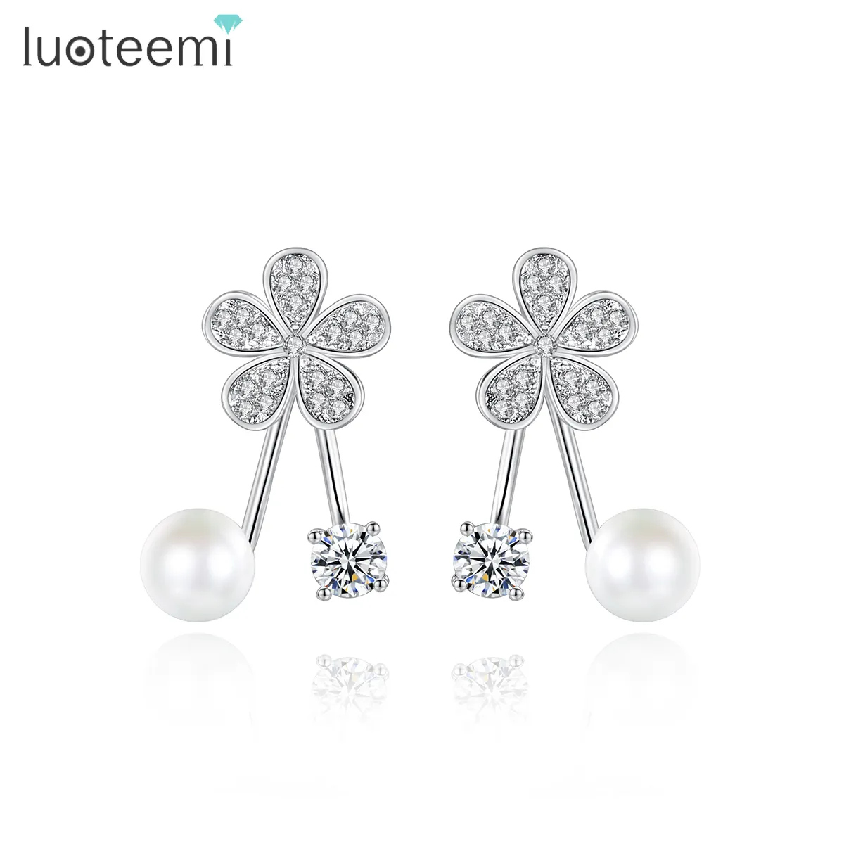 LUOTEEMI-pendientes de perlas y flores para mujer, joyería de moda, venta al por mayor, chicas bonitas, modelo coreano barato, pequeños