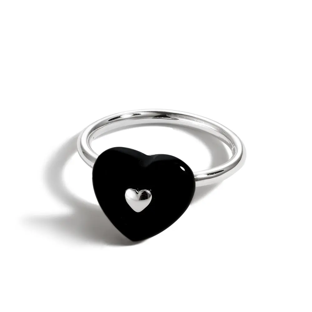Dyslam – bague en argent Sterling 925 plaqué Rhodium pour femme, bijou métallique Simple, cœur noir